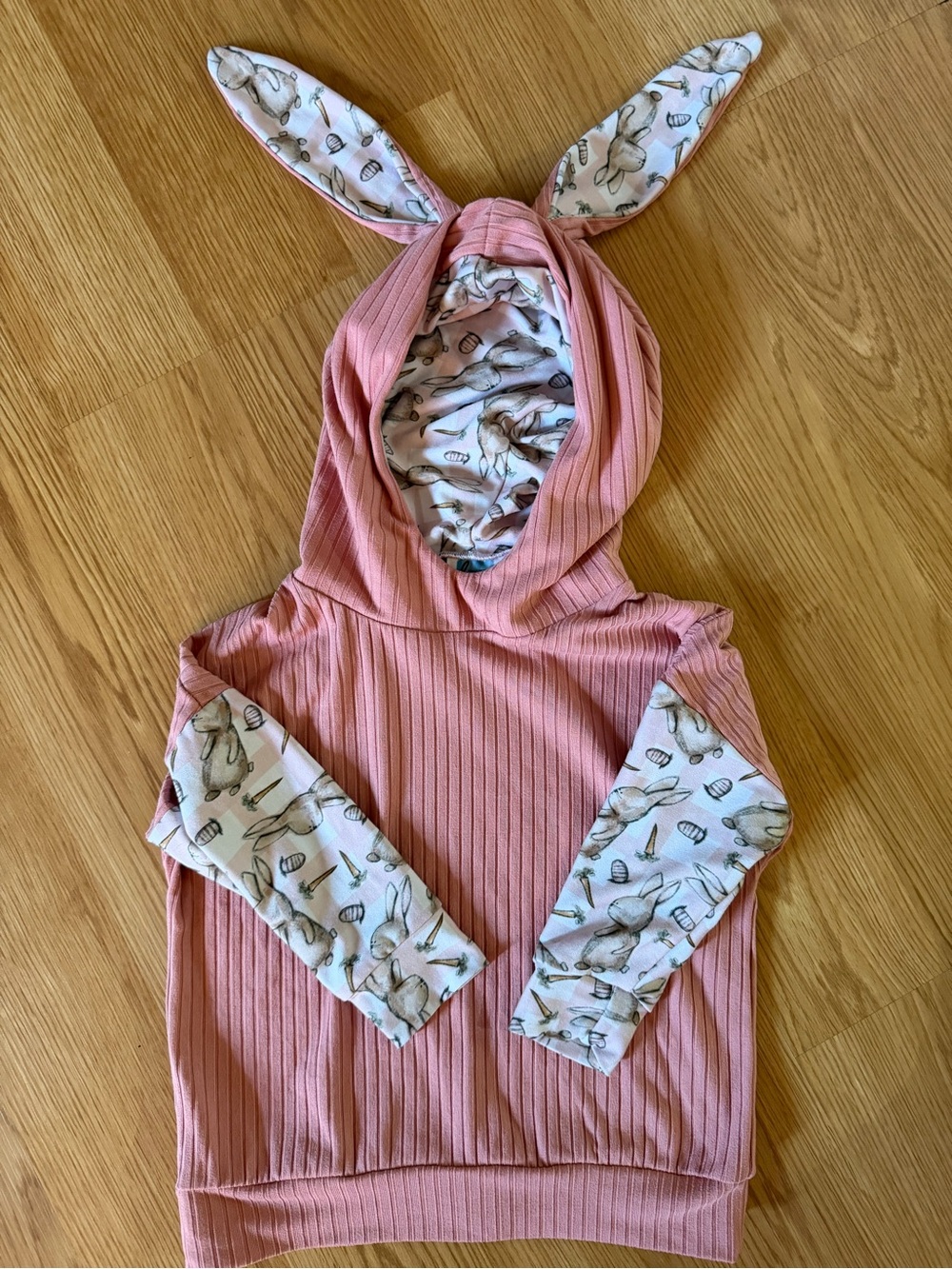 Boutique Pink Bunny-Ear Hooded Pullover with Bunny Print Sleeves 2T
